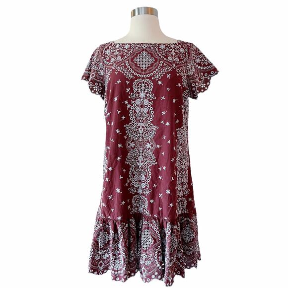 ANTHROPOLOGIE FEATHER BONE Ynez Maroon Dress Flounced Embroidered Eyelet Blue - Picture 2 of 11
